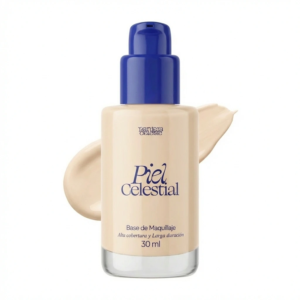 Base de maquillaje Pantera Celeste en presentación de 30 ml, con tapa azul y gota de producto visible al lado.
