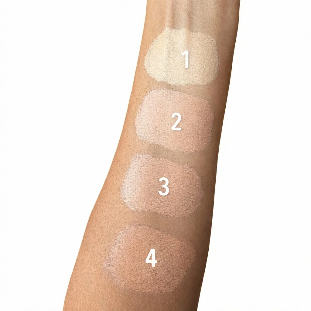 Cuatro tonos de base maquillaje Pantera Celeste aplicados en brazo, mostrando variaciones de color desde claro hasta oscuro.