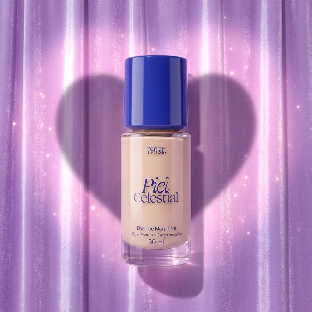 Base de maquillaje Pantera Celeste en presentación de 30 ml, con tapa azul y etiqueta que indica acabado mate y larga duración, sobre fondo lila con forma de corazón.