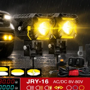 Faros LED amarillos JRY-16 montados en soporte, con luz encendida en lluvia. Incluye cables, interruptores y caja de control. Potencia 30W, 12000 lúmenes, voltaje 8V-80V.
