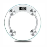 Báscula digital redonda de vidrio templado con pantalla LED mostrando 49.80 kg y cuatro sensores metálicos en los bordes.