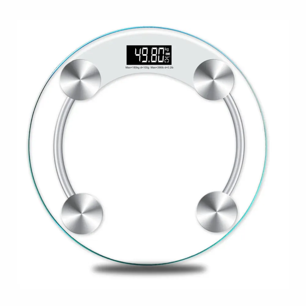 Báscula digital redonda de vidrio templado con pantalla LED mostrando 49.80 kg y cuatro sensores metálicos en los bordes.