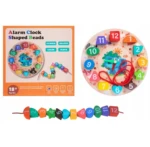 Reloj educativo de madera con bloques numerados y formas, ideal para niños mayores de 18 meses. Incluye caja con del producto y cadena de bloques separada.