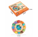 Reloj educativo de madera con bloques numerados y formas, ideal para niños mayores de 18 meses. Caja naranja de 18,5 x 18,5 cm con medidas visibles. Incluye piezas de colores para aprender horas y desarrollar motricidad fina.
