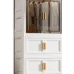 Organizador de plástico blanco con puertas transparentes y tiradores dorados, diseñado para almacenamiento vertical de ropa.
