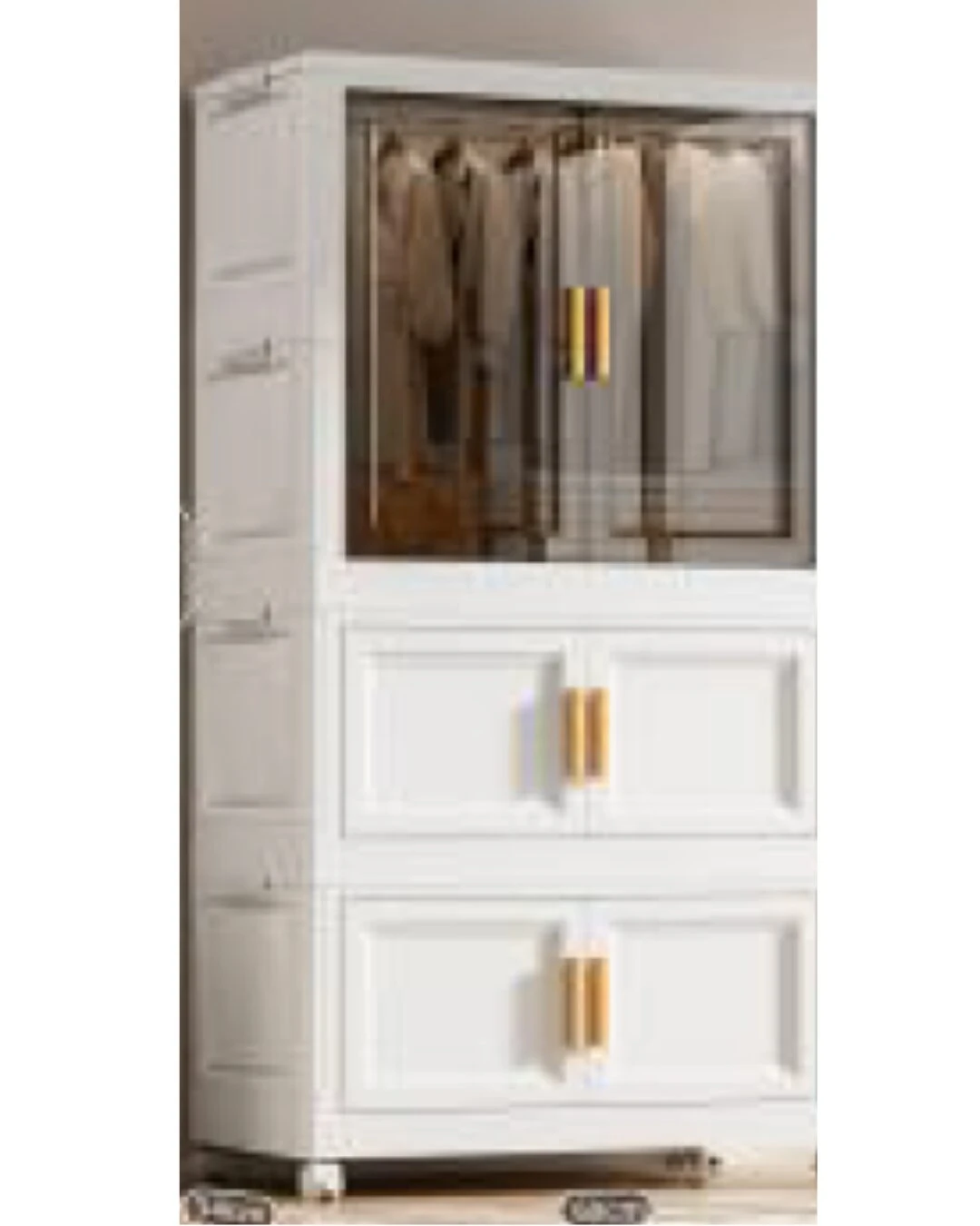 Organizador de plástico blanco con puertas transparentes y tiradores dorados, diseñado para almacenamiento vertical de ropa.