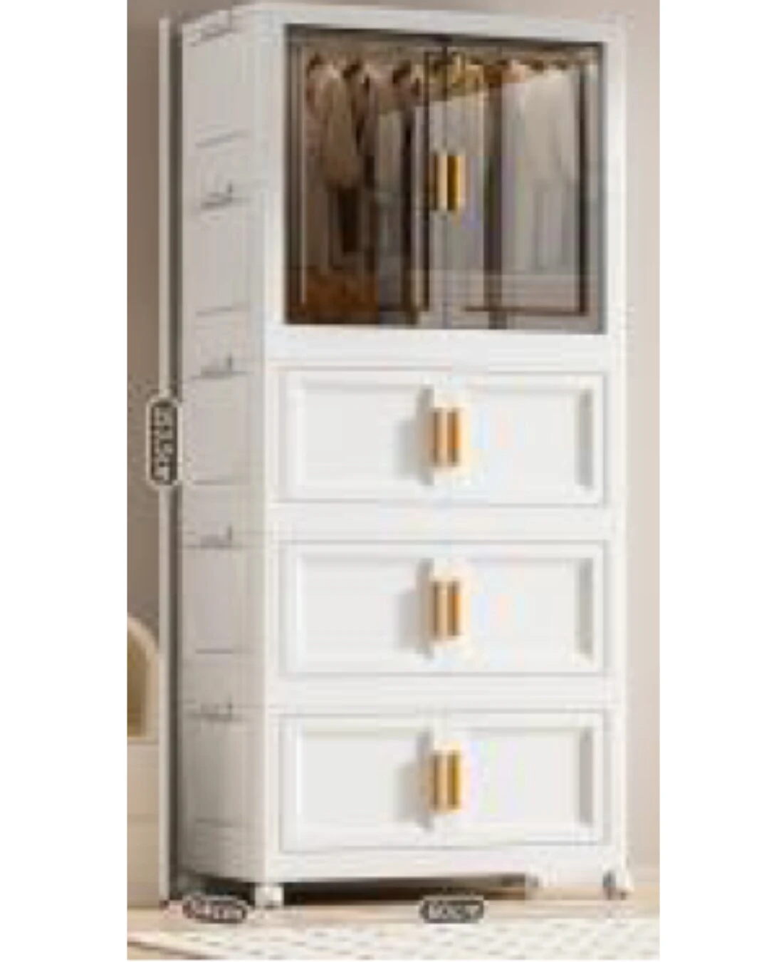 Organizador de plástico blanco con puertas transparentes y cuatro cajones, ideal para guardar ropa en espacios verticales.