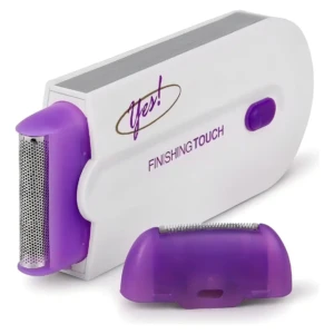 Depilador eléctrico portátil blanco y morado con cabezal extraíble, marca Yes! Finishing Touch, diseñado para uso corporal.