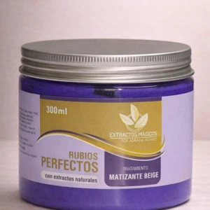 Matizante capilar beige en frasco de 300 ml con tapa metálica, etiqueta que indica rubios perfectos y extractos naturales.