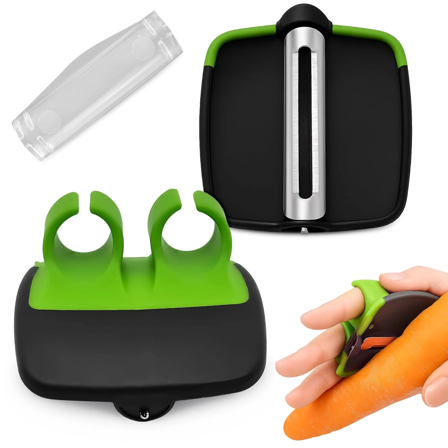 Pelador ergonómico de acero inoxidable con mango verde y base negra, mostrando pieza de repuesto transparente y uso en mano con zanahoria.