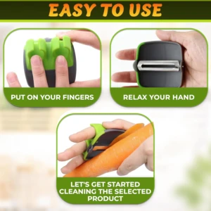 Pelador ergonómico de acero inoxidable en verde y negro, con mango antideslizante. Muestra uso práctico: colocación en dedos, agarre relajado y pelado de zanahoria. Ideal para verduras.