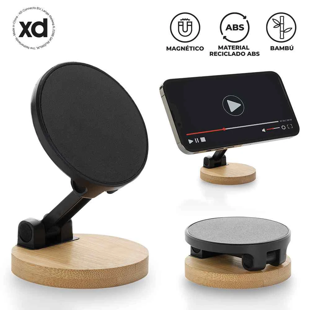 Soporte celular magnético con base de bambú y plato negro ajustable, mostrando vista frontal, lateral y superior del dispositivo montado.