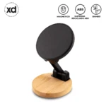 Soporte celular magnético con base de bambú y cabeza negra circular, diseñado para mantener el dispositivo erguido.