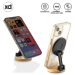 Soporte celular magnético de bambú con base circular y brazo articulado, mostrando dos vistas: frontal con pantalla encendida y trasera con carcasa transparente y logotipo magnético. Incluye iconos de material reciclado ABS y bambú.