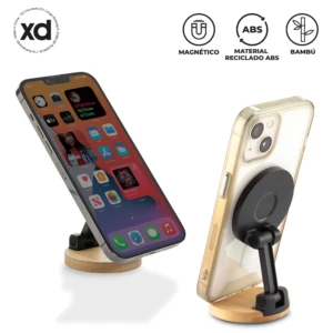 Soporte celular magnético de bambú con base circular y brazo articulado, mostrando dos vistas: frontal con pantalla encendida y trasera con carcasa transparente y logotipo magnético. Incluye iconos de material reciclado ABS y bambú.