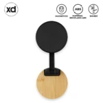 Soporte celular Magmount Eco en bambú y ABS, con base magnética negra y brazo articulado, diseñado para mantener el dispositivo erguido.