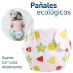 Pañal de tela ajustable con estampado de frutas en colores pastel, mostrando diseño frontal con botones y cierre lateral. Incluye inserto absorbente visible.