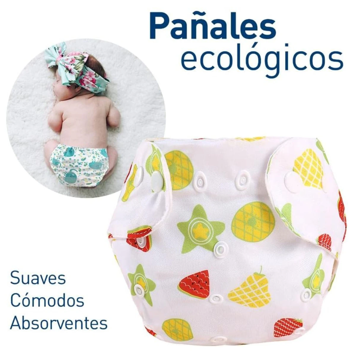 Pañal de tela ajustable con estampado de frutas en colores pastel, mostrando diseño frontal con botones y cierre lateral. Incluye inserto absorbente visible.