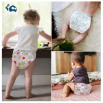 Tres bebés usando pañales de tela ajustables con estampados variados: frutas, hojas y patrones geométricos, en diferentes posturas y entornos.