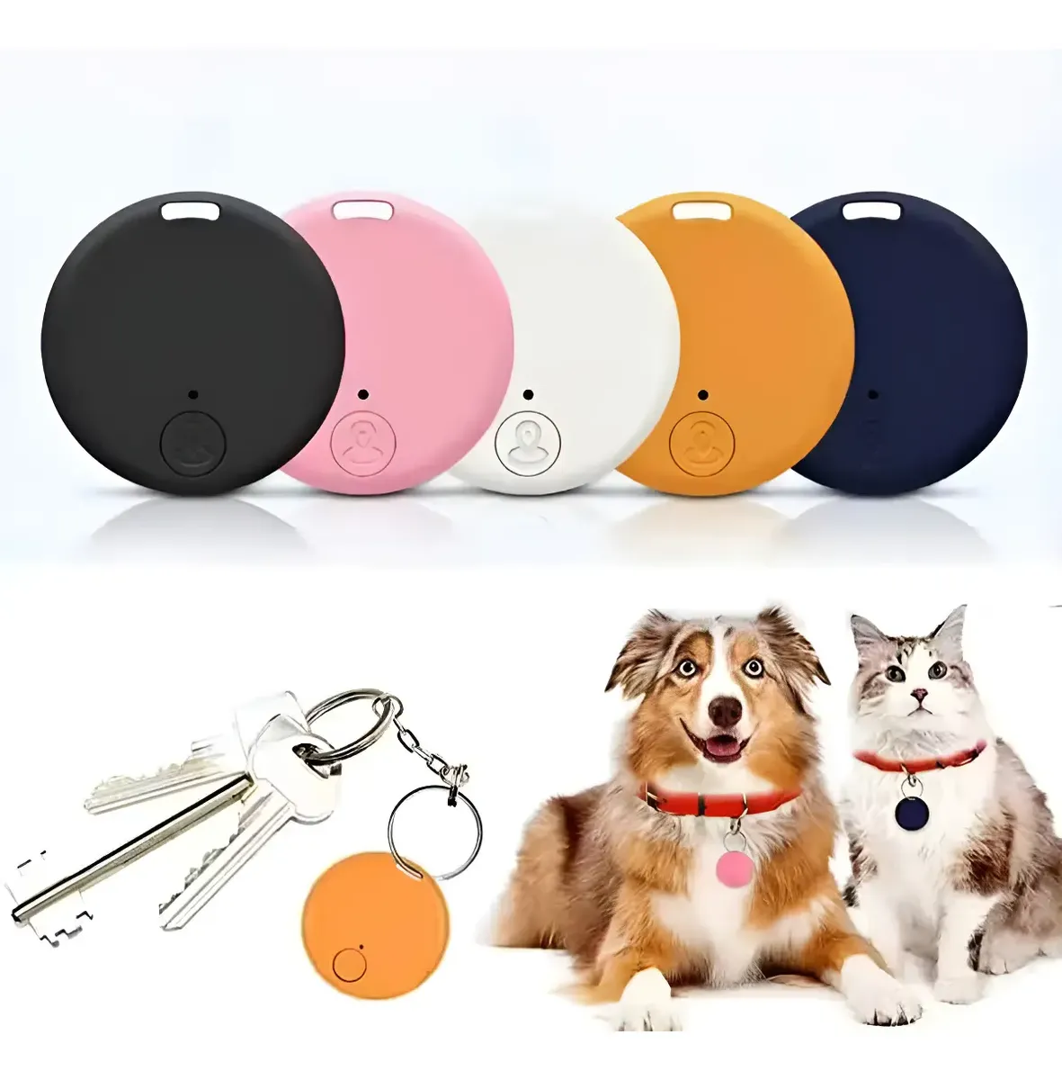 Rastreador GPS Bluetooth 5.0 en cinco colores: negro, rosa, blanco, naranja y azul marino. Se muestra con llaves y colgante para mascotas.