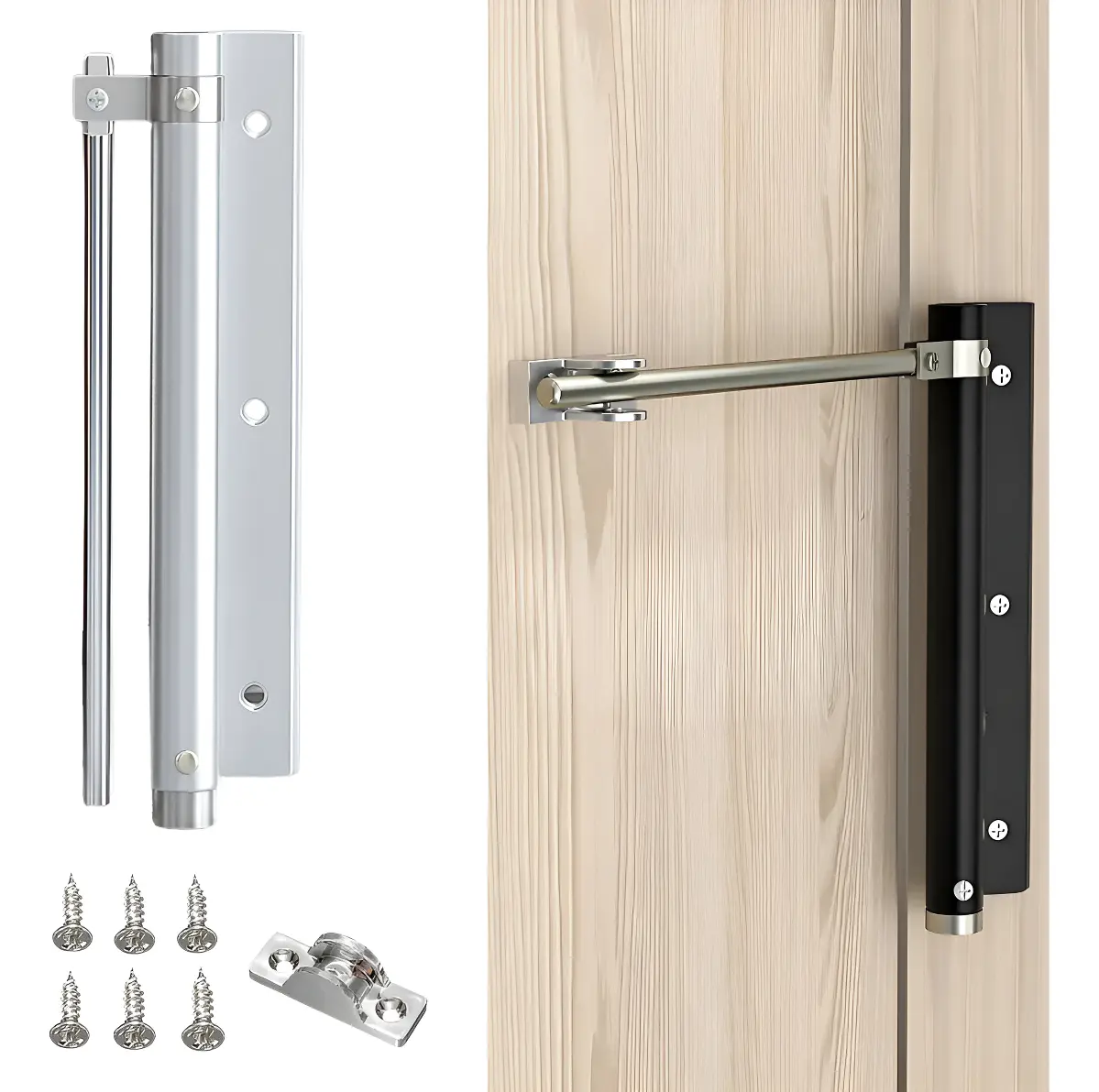 Cerrador automático de puerta con cierre suave, en acabado negro y cromado, instalado en puerta de madera clara. Incluye tornillos y base metálica.