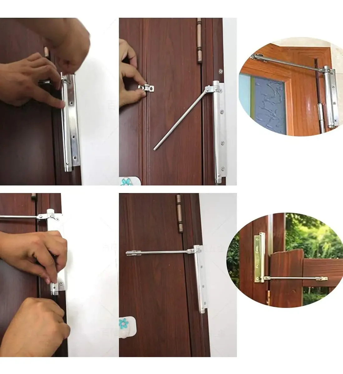 Cerrador automático para puerta de madera, color plateado, con mecanismo de cierre suave y montaje visible en diferentes ángulos.