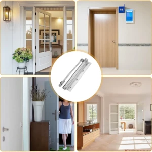 Cerrador automático de puerta con cierre suave, en acabado metálico cromado. Se muestra instalado en marcos de puerta interior y exterior, con panel de control digital y sensor de apertura. Incluye mecanismo de empuje suave para evitar golpes y facilitar el acceso.