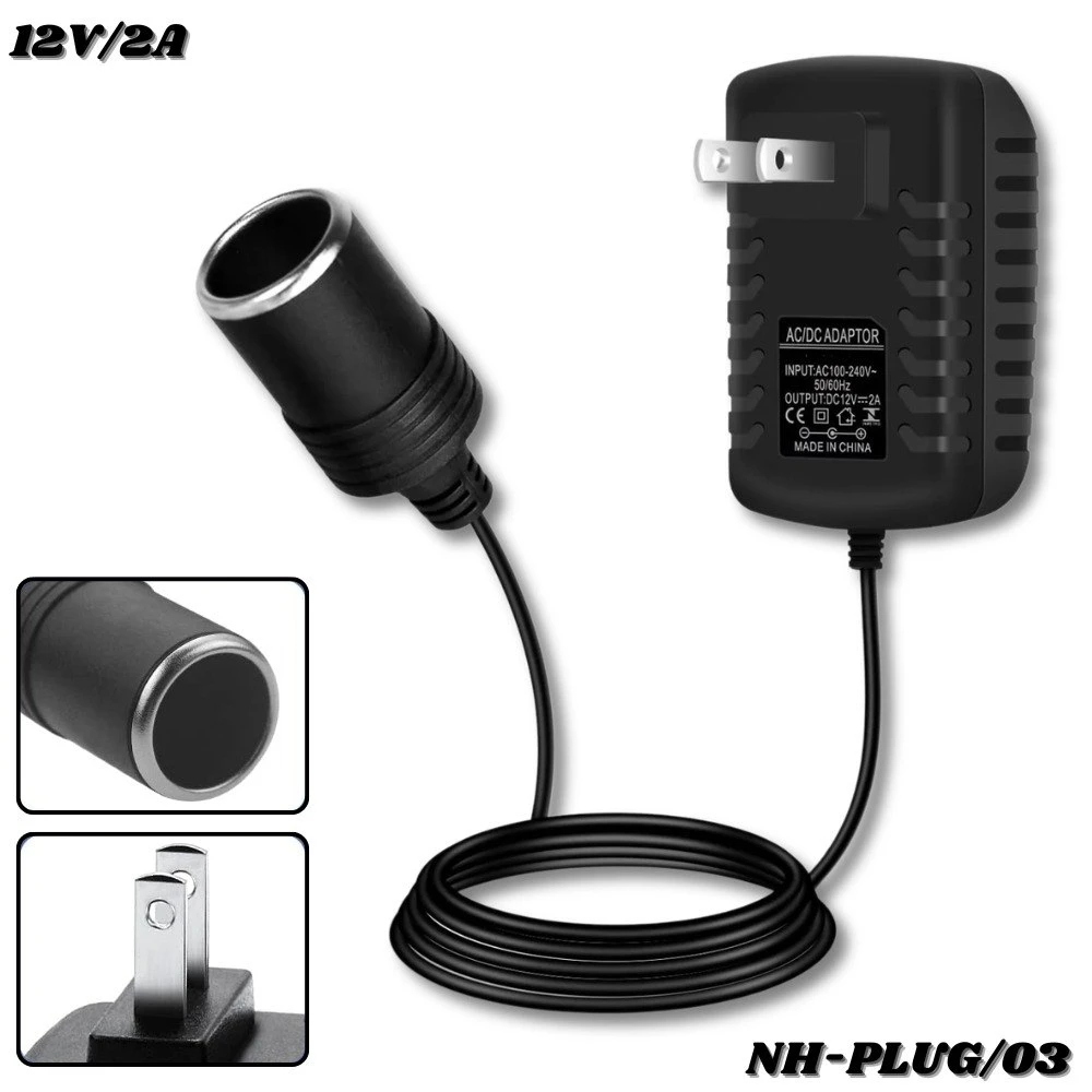 Adaptador de pared a puerto de auto 12V 2A, color negro, con cable enrollado y enchufe tipo americano. Incluye vista del conector y toma.