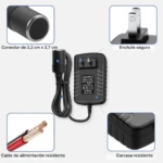 Adaptador de pared a puerto de auto 12V 2A con enchufe seguro, cable resistente y carcasa negra. Conector de 2,2 cm x 2,7 cm.