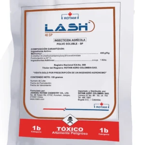 Bolsa blanca de Lash 40 SP, insecticida soluble en polvo para cultivos, con etiqueta roja que indica tóxico y contenido neto de 150 gramos.