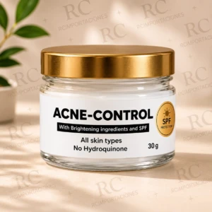Jarra de vidrio con tapa dorada de crema Acne Control, 30 g, con protección solar SPF y sin hidroquinona, sobre fondo claro con planta al fondo.