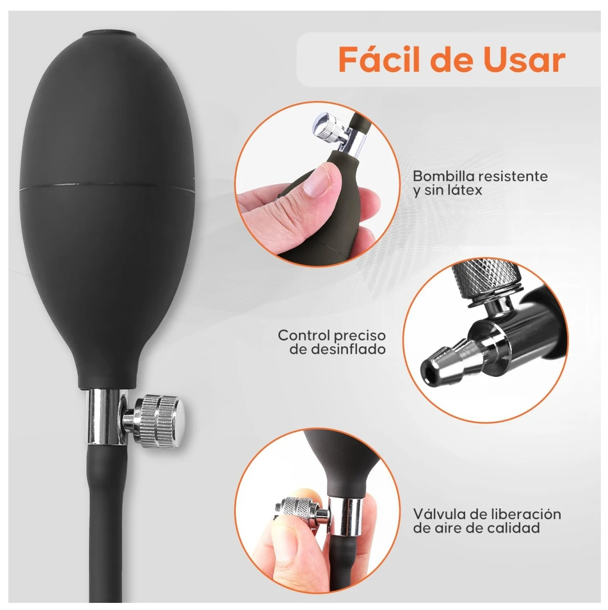 Tensiómetro manual negro con bomba de goma sin látex, válvula de liberación de aire y control preciso de desinflado.