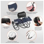 Tensiómetro manual con estetoscopio, manguito azul para adultos, bolsa de nailon y carcasa metálica; incluye bulbo de goma y manómetro calibrado.