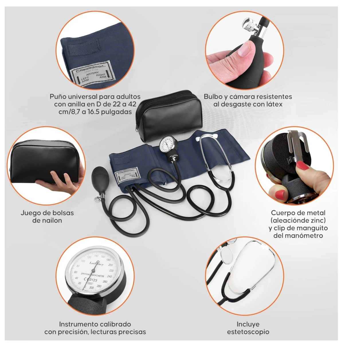 Tensiómetro manual con estetoscopio, manguito azul para adultos, bolsa de nailon y carcasa metálica; incluye bulbo de goma y manómetro calibrado.