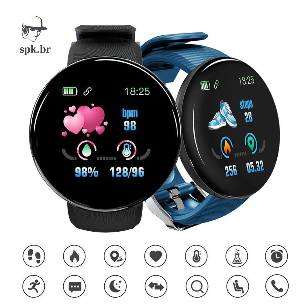 Reloj inteligente D18 con correa negra y azul, pantalla circular mostrando ritmo cardíaco, pasos, oxígeno en sangre y temperatura corporal. Incluye iconos de funciones como notificaciones, sueño y llamadas.