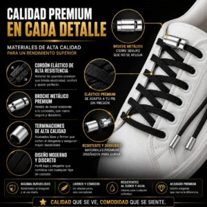 Cordones elásticos con broche metálico para zapatillas blancas, diseño moderno y resistente, sin necesidad de atar.