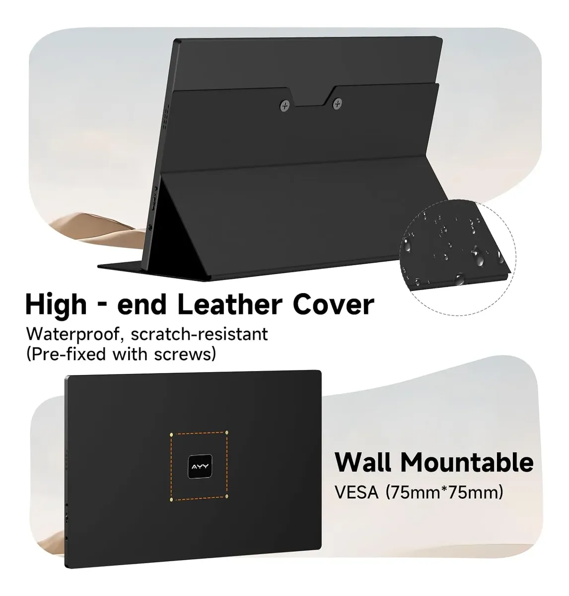 Monitor portátil 15.6 pulgadas con funda de cuero negro, resistente al agua y con soporte para montaje en pared VESA 75x75 mm.