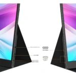 Monitor portátil 15.6 pulgadas con soporte triangular ajustable, mostrando puertos Mini HDMI, USB-C y botón de encendido en lateral negro.