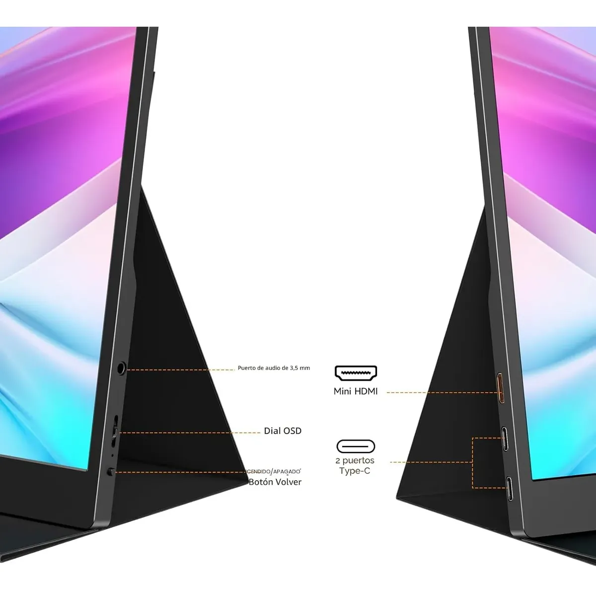 Monitor portátil 15.6 pulgadas con soporte triangular ajustable, mostrando puertos Mini HDMI, USB-C y botón de encendido en lateral negro.