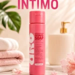 Jabón líquido íntimo Uro en presentación de 250 ml, color rosa, sobre superficie de mármol con toallas y accesorios de baño.