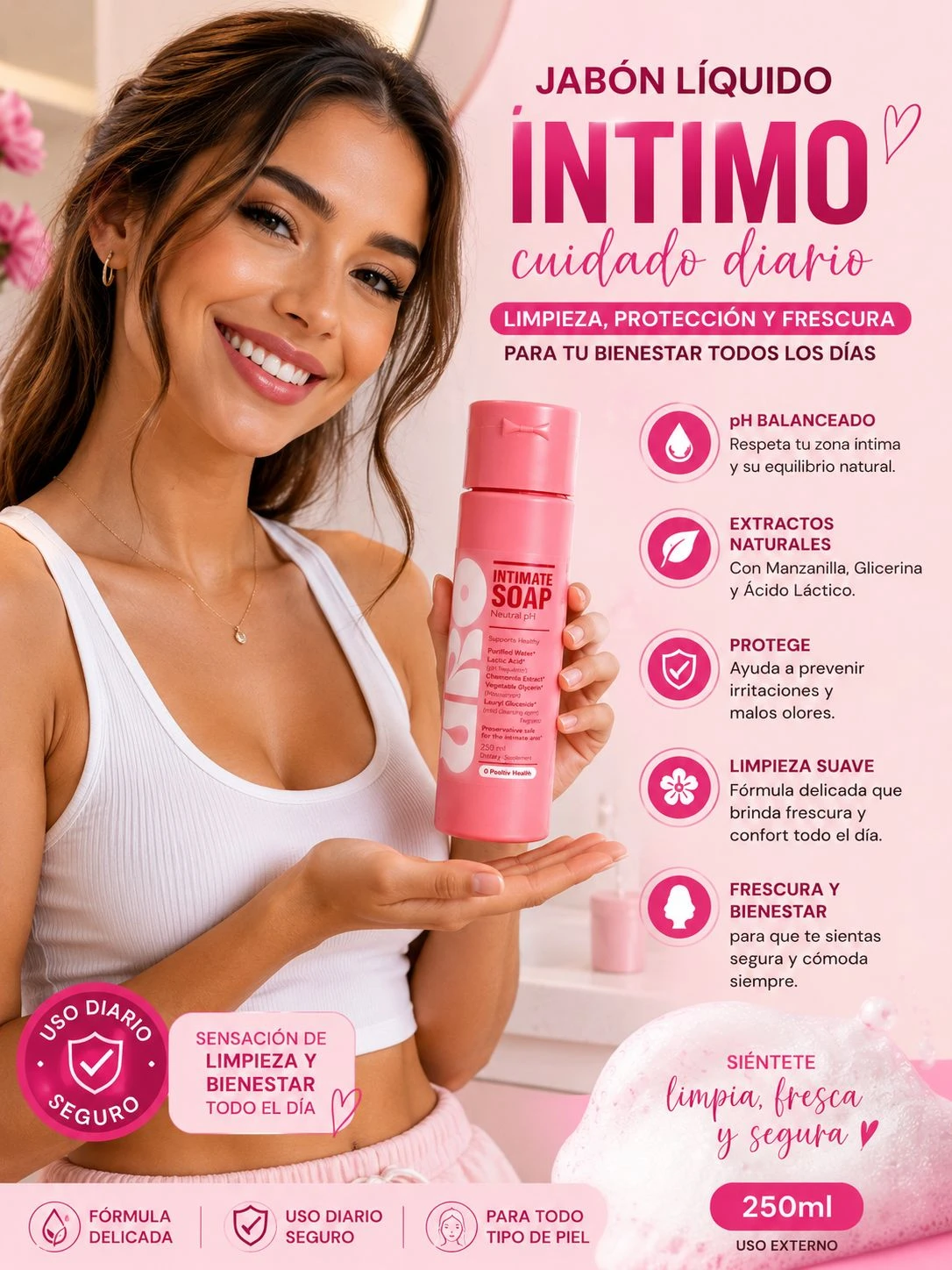 Jabón líquido íntimo en presentación rosa de 250 ml, con mujer sonriente sosteniendo el envase. Etiqueta indica pH balanceado, extractos naturales y protección diaria.