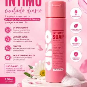 Jabón líquido íntimo Uro en presentación de 250 ml, color rosa con etiqueta blanca y detalles florales, acompañado de flores y pétalos sobre fondo claro.