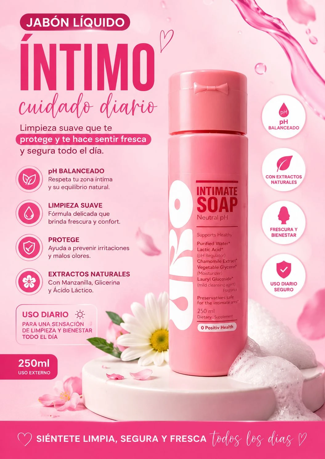 Jabón líquido íntimo Uro en presentación de 250 ml, color rosa con etiqueta blanca y detalles florales, acompañado de flores y pétalos sobre fondo claro.