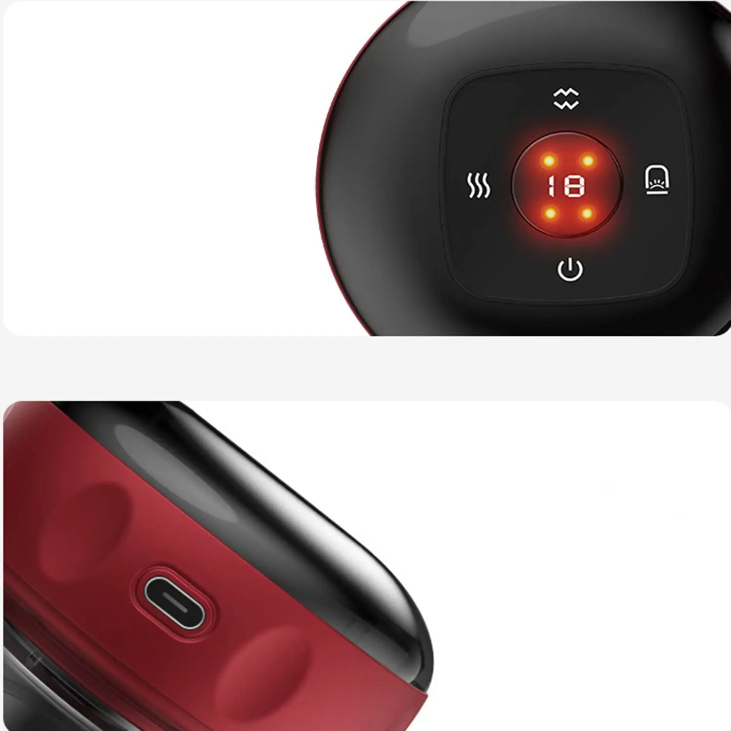 Ventosa eléctrica roja con pantalla digital mostrando temperatura 18°C, controles de succión y encendido, y puerto USB-C en lateral.
