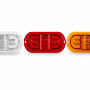 Tres luces laterales LED tipo misil LY-01 en blanco, rojo y ámbar, con carcasa ovalada y lentes transparentes, diseñadas para camiones.