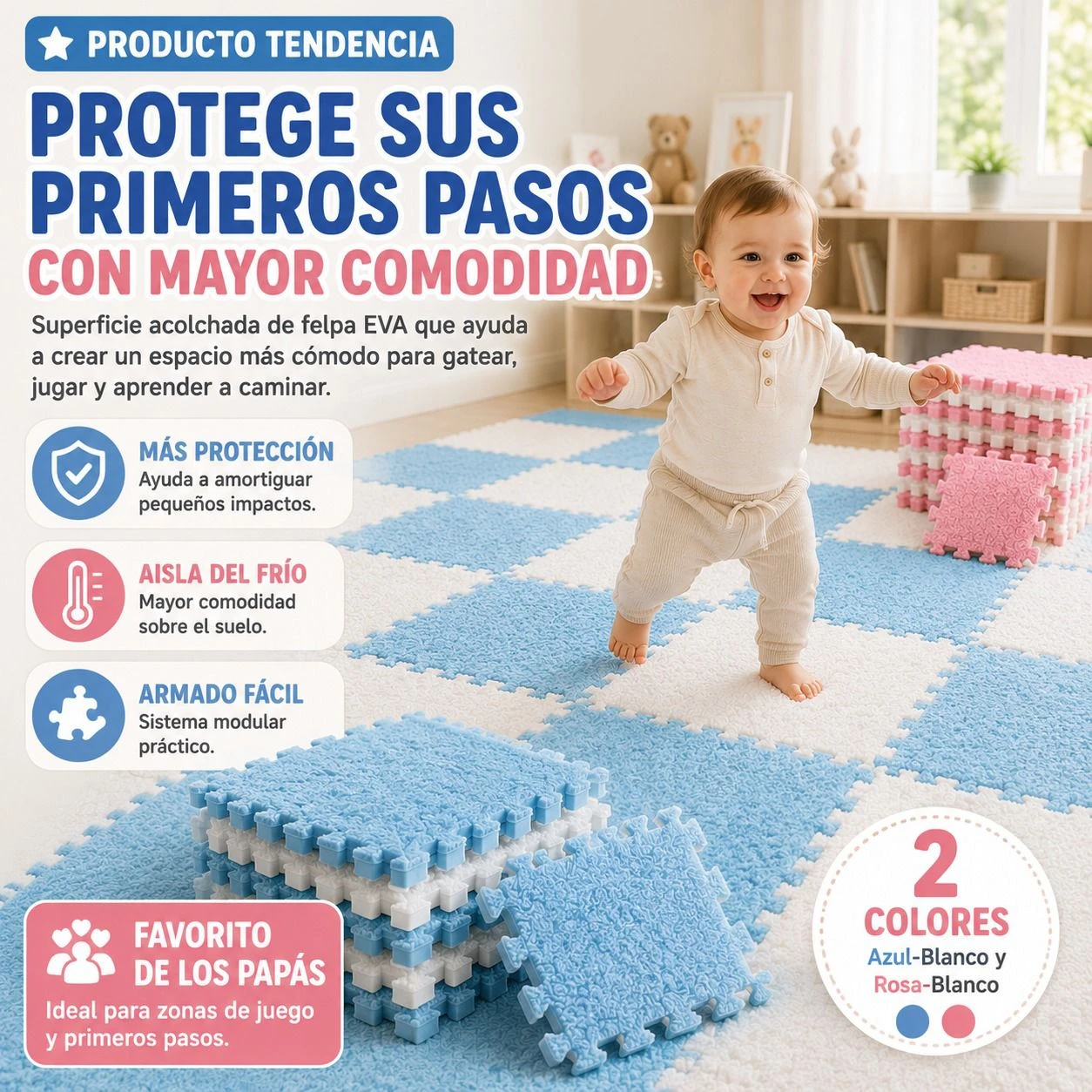 Tapete modular de espuma EVA en azul y blanco, con piezas acolchadas para juego y primeros pasos de bebé.