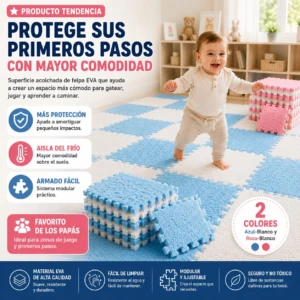 Tapete modular EVA acolchado en azul y blanco, con piezas interconectables y diseño de rombos. Un bebé camina sobre él en un ambiente infantil, rodeado de bloques apilados. Ideal para zonas de juego y primeros pasos.