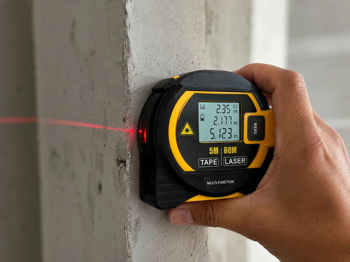 Cinta métrica láser negra y amarilla con pantalla LCD mostrando medidas en metros, emitiendo rayo láser rojo sobre superficie de concreto, usada para medición precisa en construcción.
