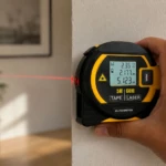 Cinta métrica láser negra y amarilla con pantalla LCD mostrando medidas en metros, emitiendo rayo láser rojo sobre pared blanca en interior.