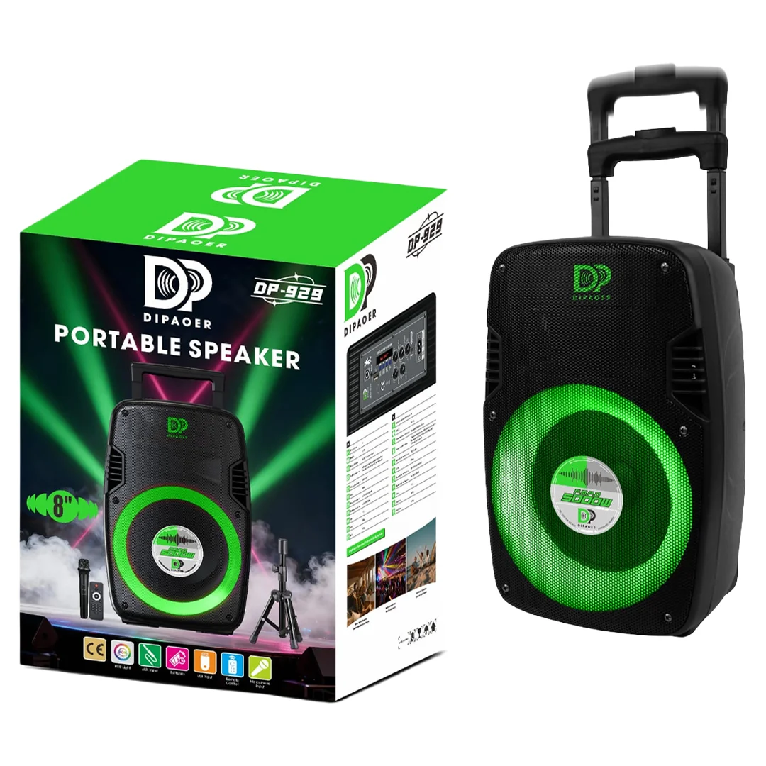 Altavoz portátil negro con luces LED verdes, modelo DP-929, junto a su caja de presentación.
